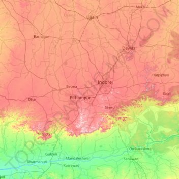 Mappa topografica Indore, altitudine, rilievo