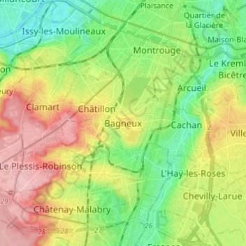 Mappa topografica Bagneux, altitudine, rilievo
