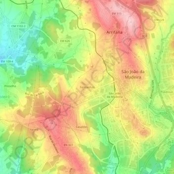 Mappa topografica Fontainhas, altitudine, rilievo