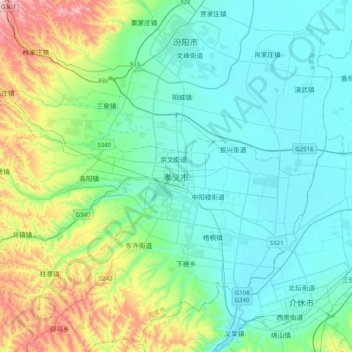 Mappa topografica 孝义市, altitudine, rilievo
