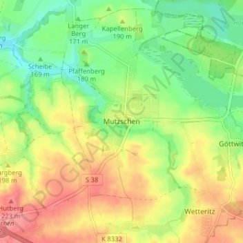 Mappa topografica Mutzschen, altitudine, rilievo