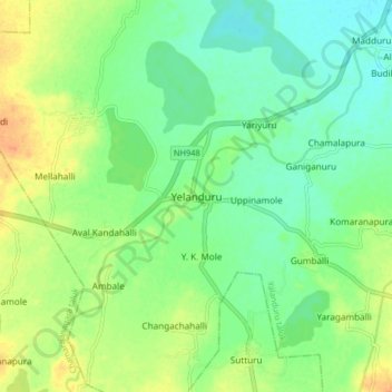 Mappa topografica Yelanduru, altitudine, rilievo