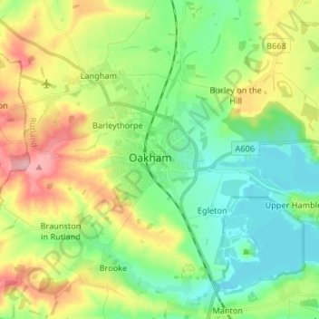 Mappa topografica Oakham, altitudine, rilievo