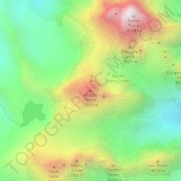 Mappa topografica Middle Teton, altitudine, rilievo