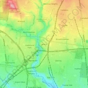 Mappa topografica Jacana, altitudine, rilievo