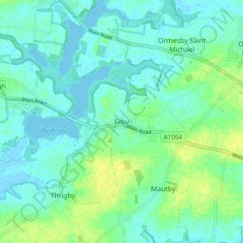 Mappa topografica Filby, altitudine, rilievo