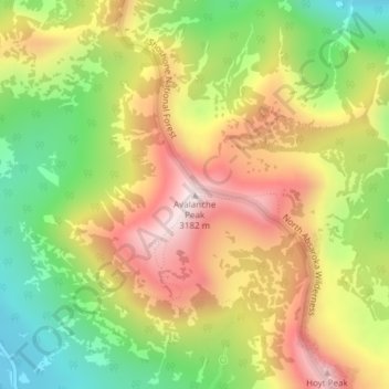 Mappa topografica Avalanche Peak, altitudine, rilievo