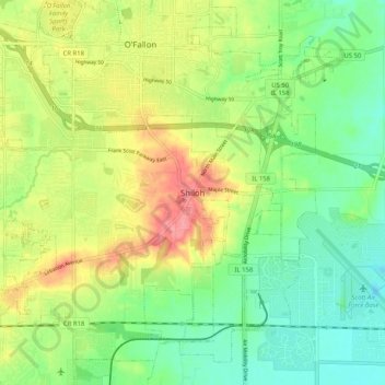 Mappa topografica Shiloh, altitudine, rilievo