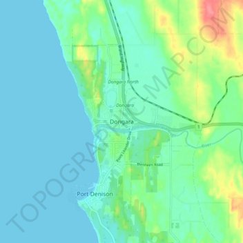 Mappa topografica Dongara, altitudine, rilievo