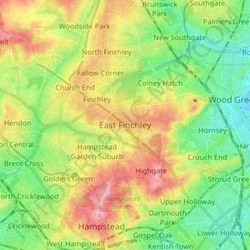 Mappa topografica East Finchley, altitudine, rilievo