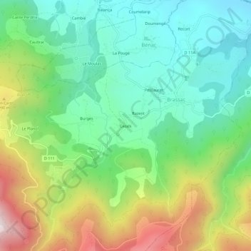 Mappa topografica Cazals, altitudine, rilievo