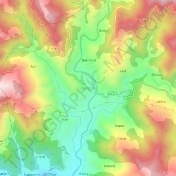 Mappa topografica Pangna, altitudine, rilievo