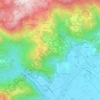 Mappa topografica Manzaniga, altitudine, rilievo