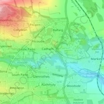 Mappa topografica Cadham Village, altitudine, rilievo