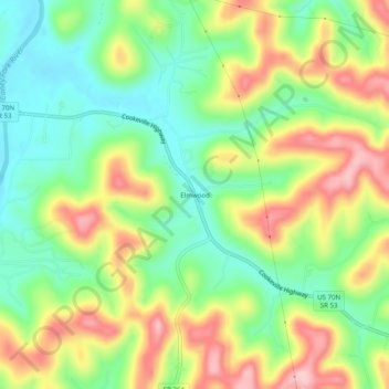 Mappa topografica Elmwood, altitudine, rilievo