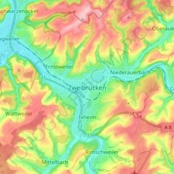 Mappa topografica Zweibrücken, altitudine, rilievo