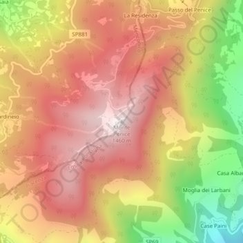 Mappa topografica Monte Penice, altitudine, rilievo