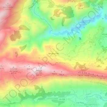 Mappa topografica Benimaurell, altitudine, rilievo