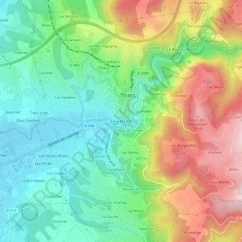 Mappa topografica Faux Martel, altitudine, rilievo
