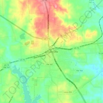 Mappa topografica Jacksonville, altitudine, rilievo