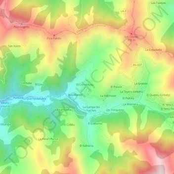 Mappa topografica Urbiés, altitudine, rilievo
