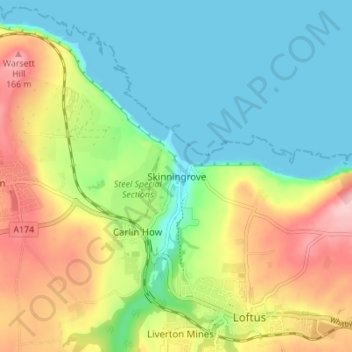 Mappa topografica Skinningrove, altitudine, rilievo