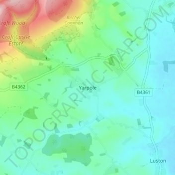 Mappa topografica Yarpole, altitudine, rilievo