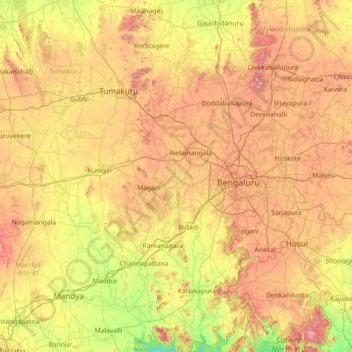 Mappa topografica Bangalore Rural, altitudine, rilievo