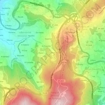 Mappa topografica O Pouso, altitudine, rilievo