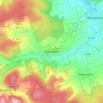 Mappa topografica Oberkleen, altitudine, rilievo