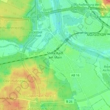 Mappa topografica Stockstadt am Main, altitudine, rilievo