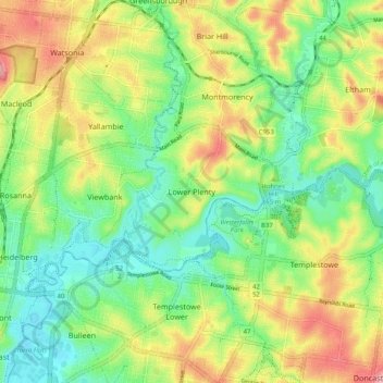 Mappa topografica Lower Plenty, altitudine, rilievo