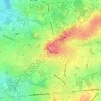 Mappa topografica Ledeberg, altitudine, rilievo