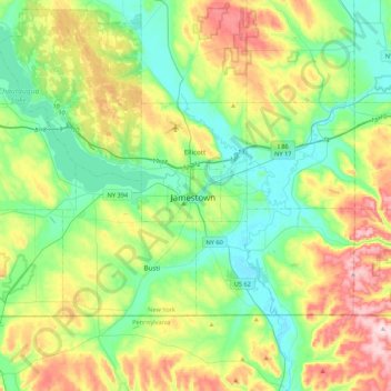 Mappa topografica Jamestown, altitudine, rilievo