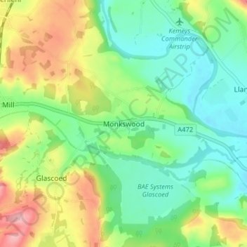 Mappa topografica Monkswood, altitudine, rilievo