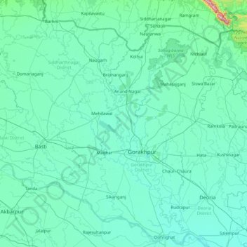 Mappa topografica Gorakhpur, altitudine, rilievo