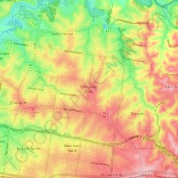 Mappa topografica Doncaster East, altitudine, rilievo