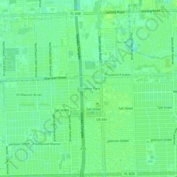 Mappa topografica Sunshine Park, altitudine, rilievo