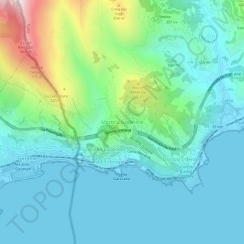 Mappa topografica Mortola Superiore, altitudine, rilievo