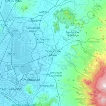Mappa topografica Texcoco de Mora, altitudine, rilievo