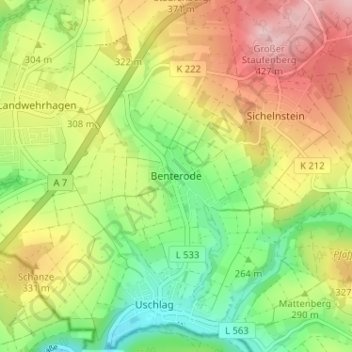 Mappa topografica Benterode, altitudine, rilievo