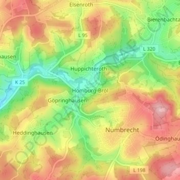Mappa topografica Homburg-Bröl, altitudine, rilievo