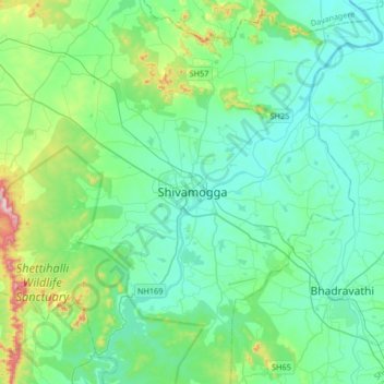 Mappa topografica Shivamogga, altitudine, rilievo