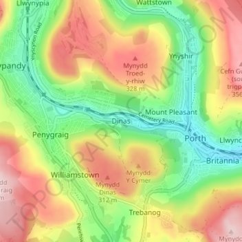 Mappa topografica Dinas, altitudine, rilievo