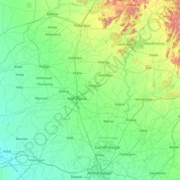 Mappa topografica Mahesana, altitudine, rilievo