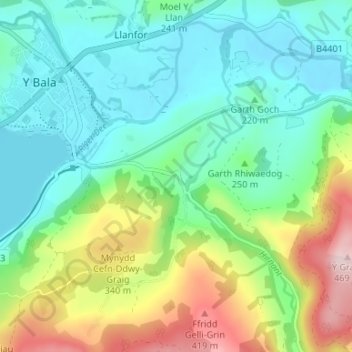Mappa topografica Rhos-y-gwaliau, altitudine, rilievo