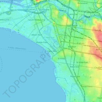 Mappa topografica St Kilda West, altitudine, rilievo