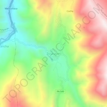 Mappa topografica Ticlacayan, altitudine, rilievo