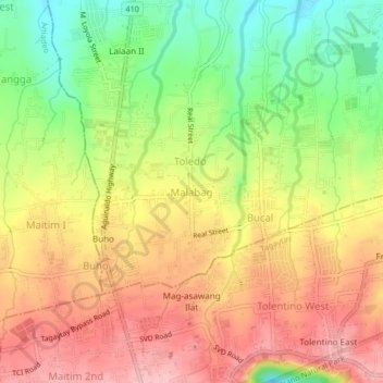 Mappa topografica Malabag, altitudine, rilievo