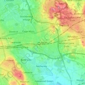 Mappa topografica Huyton, altitudine, rilievo